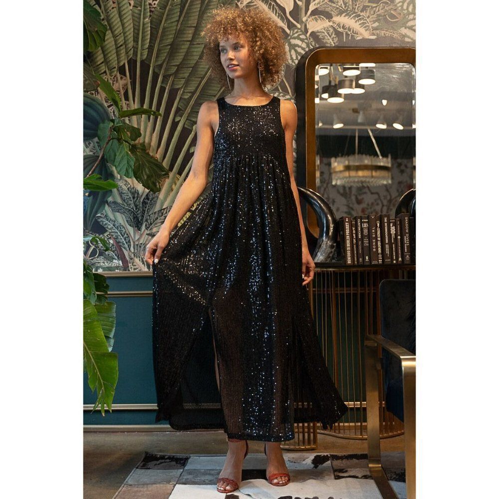 POL CLOTHING Jet Black SEQUIN Gown Dress Cocktail Dinner Party Sparkly SMD234 - Picture 2 of 9